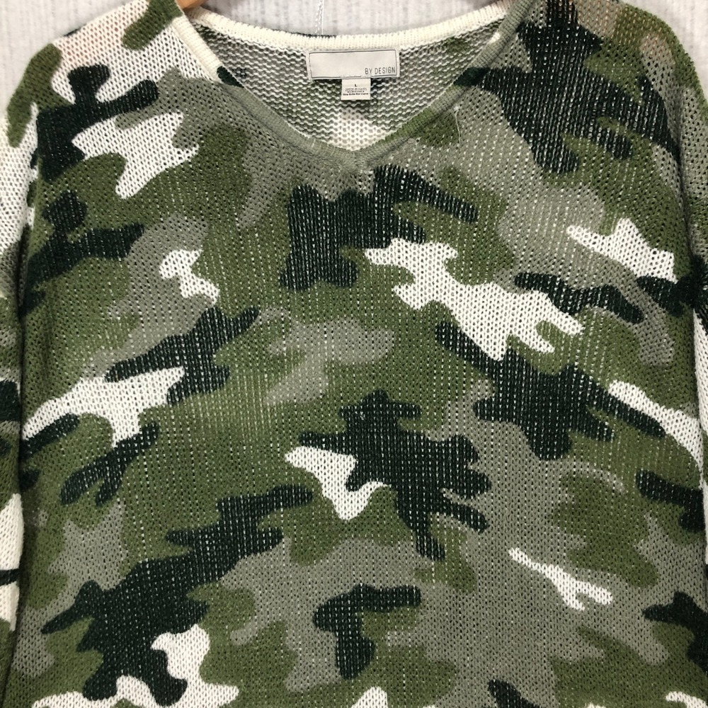 BY DESIGN Camouflage Knit V Neck Long‎ Sleeve Sweater Top Womens L Green White